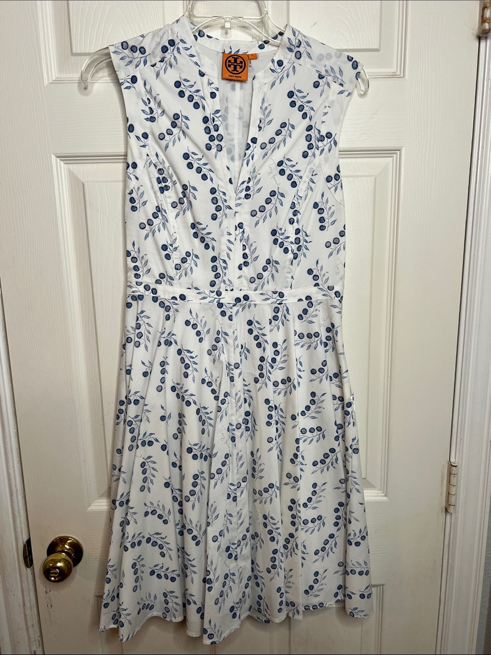 Tory Burch White Sleeveless V-Neck Midi Dress with Blue Botanical Print